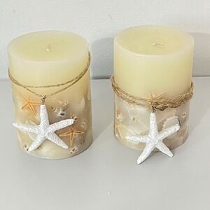 Pier One Set Of 2 Sea Shell Nautical Single Wick‎ Short Pillar Candle
